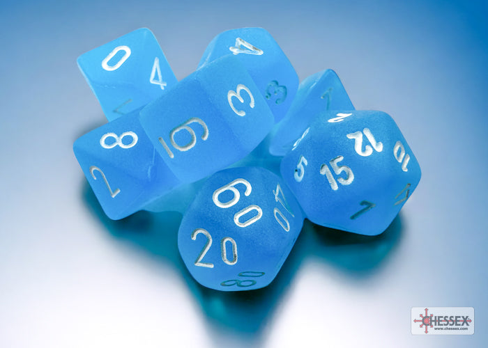 Frosted Caribbean Blue/white Mini-Polyhedral 7-Die Set (Mini Poly Release 3)